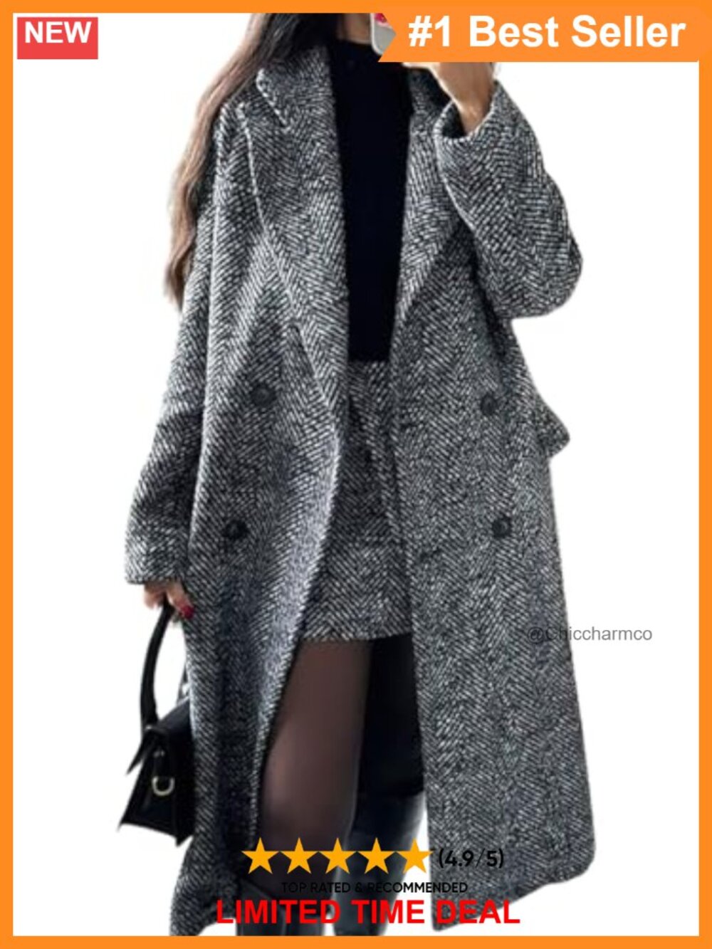 Wool Blend Herringbone Pea Coat Double Breasted Notch Collar Midi Trench